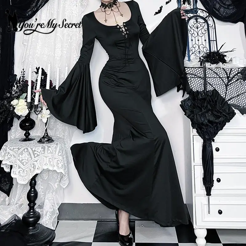 [Sei il mio segreto] Abiti lunghi da festa gotici Abito gotico retrò a vita alta con maniche svasate in pizzo Abito vintage stile scuro