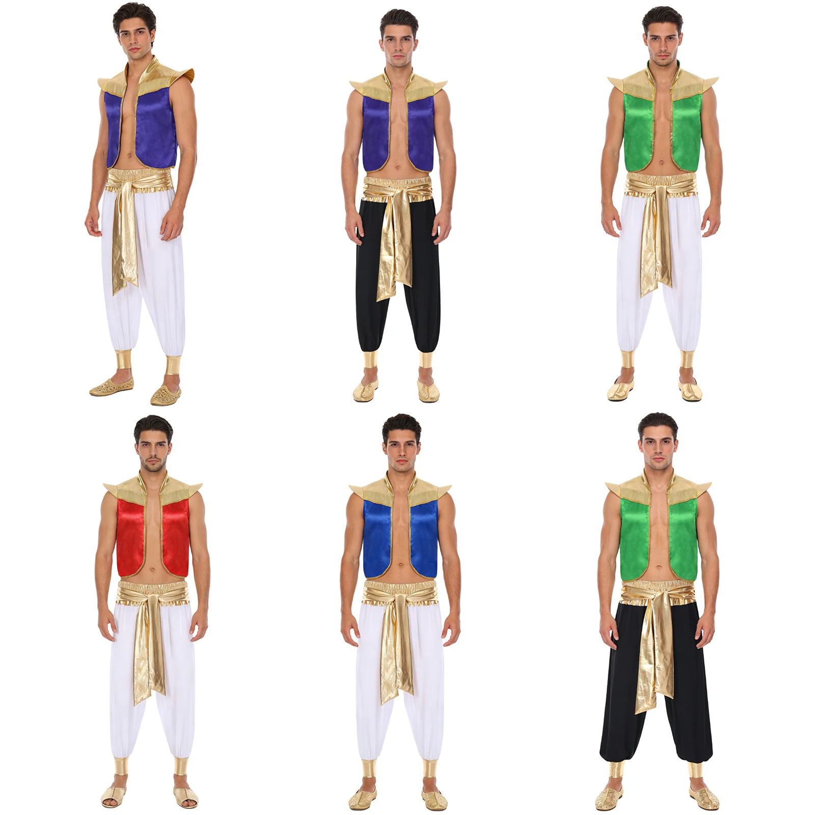 أزياء تنكرية للرجال للهالوين كرنفال الأمير العربي بأكمام طويلة سترة أمامية مفتوحة وسراويل طويلة لشخصية المصباح السحري
