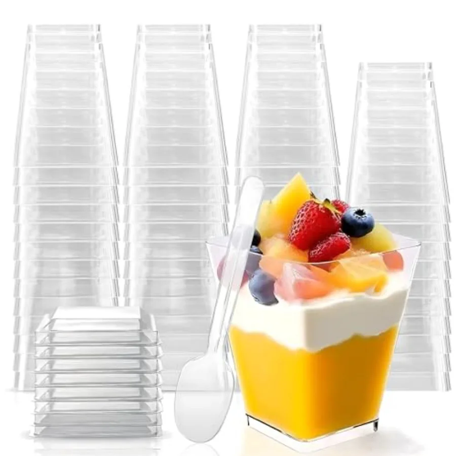 

0 Pack Plastic Dessert Cups with Lids and Spoons, Yogurt Parfait Appetizer Cup with Lids for Party, Clear Mini Dessert Shooter
