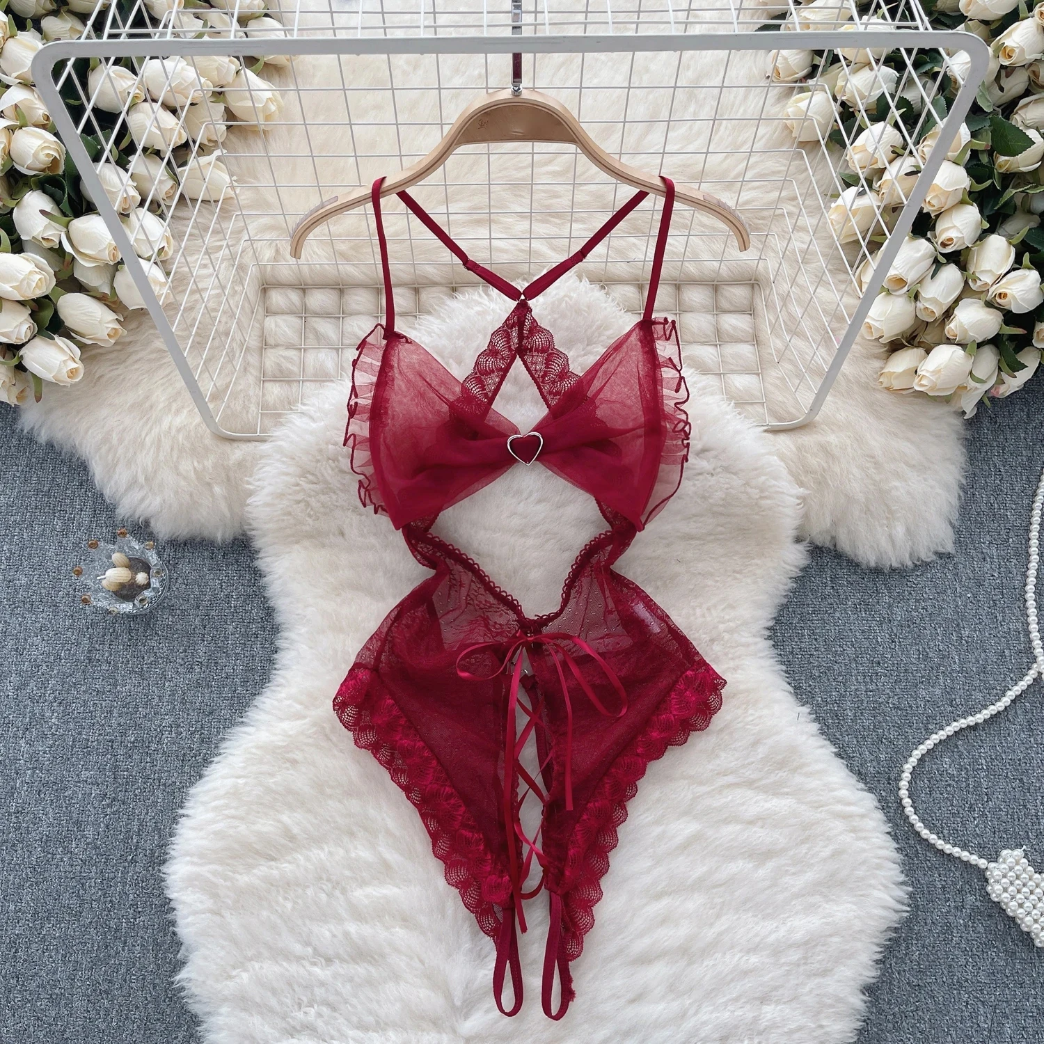 Red Christmas Sexy Lingerie Shawl Set Halter Jumpsuit Lace-up Cosplay Costume New In Women Clothes Skinny Bodysuit Suit Hotsweet