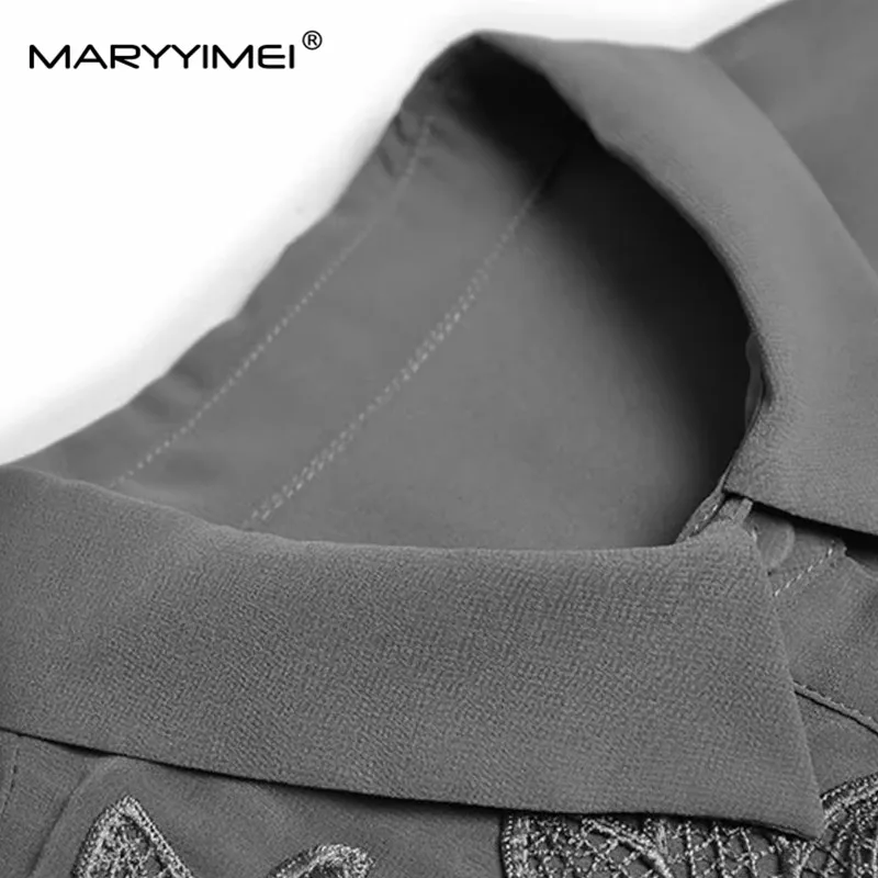 MARYYIMEI New Fashion Women\'s Lapel Single Breasted Lace-Up Closed Waist Embroidered Pleats Elegant Big Swing Dress