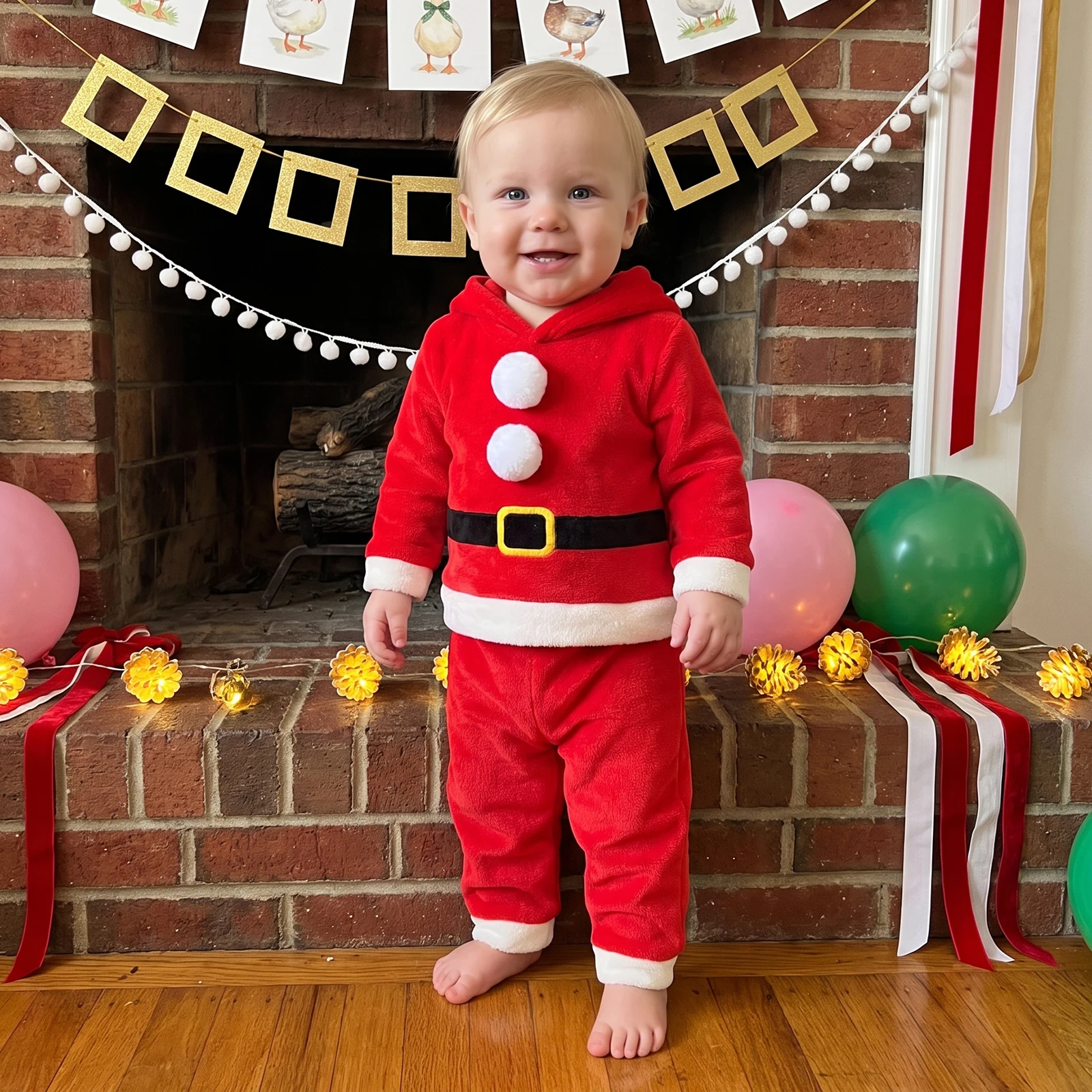 Baby Christmas Outfit Santa Claus Velvet Hoodie Pants Set Toddler Winter Warm Clothes Cute Duck Hooded Tracksuit