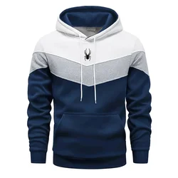 Men's Patchwork Hoodie Outdoor Casual Sportswear Street Fashion Men's Fleece Thermal Hooded Sweatshirt Fall Winter Black