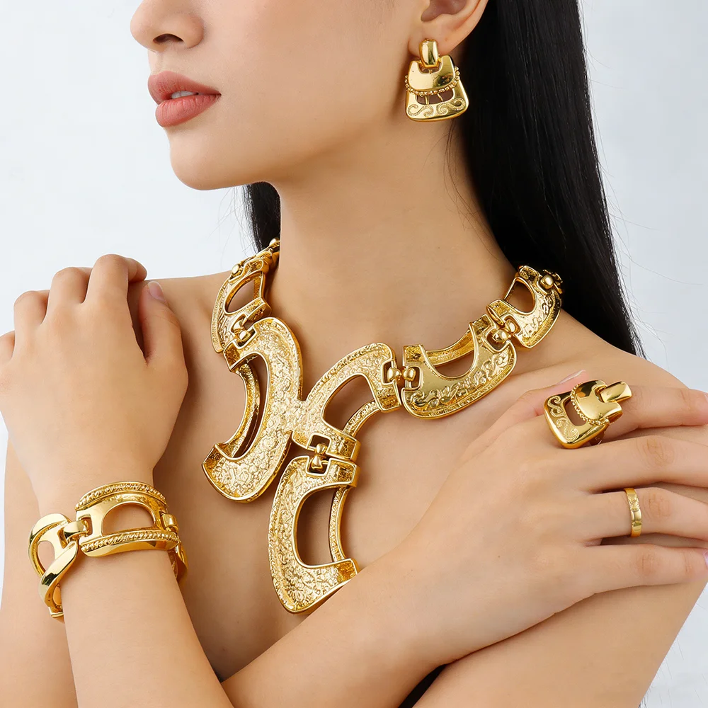 Neues Extravagantes Schmuckset Dubai Goldfarben Große Halskette Ohrringe Armband Ring Sets Brautschmuck 24k Vergoldeter Schmuck Geschenke – Detail 5