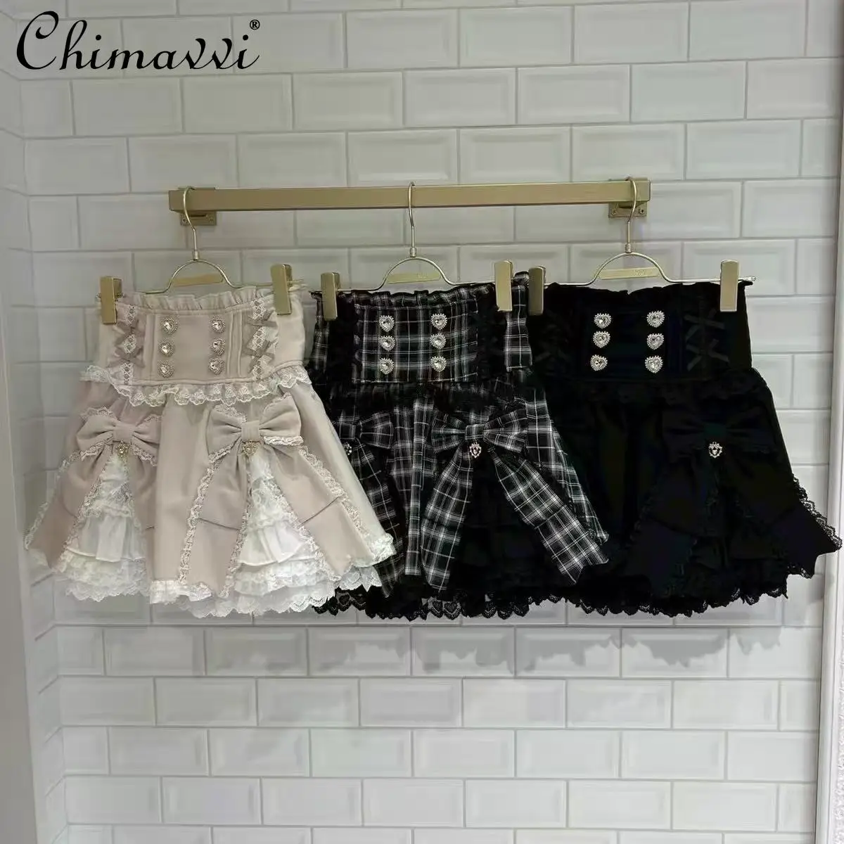 

Japanese New 2026 Sweet Girl Heart Buckle Double Bow Lace Patchwork High-waisted Liz Skirts Kawaii Elegant Princess Lolita Skirt