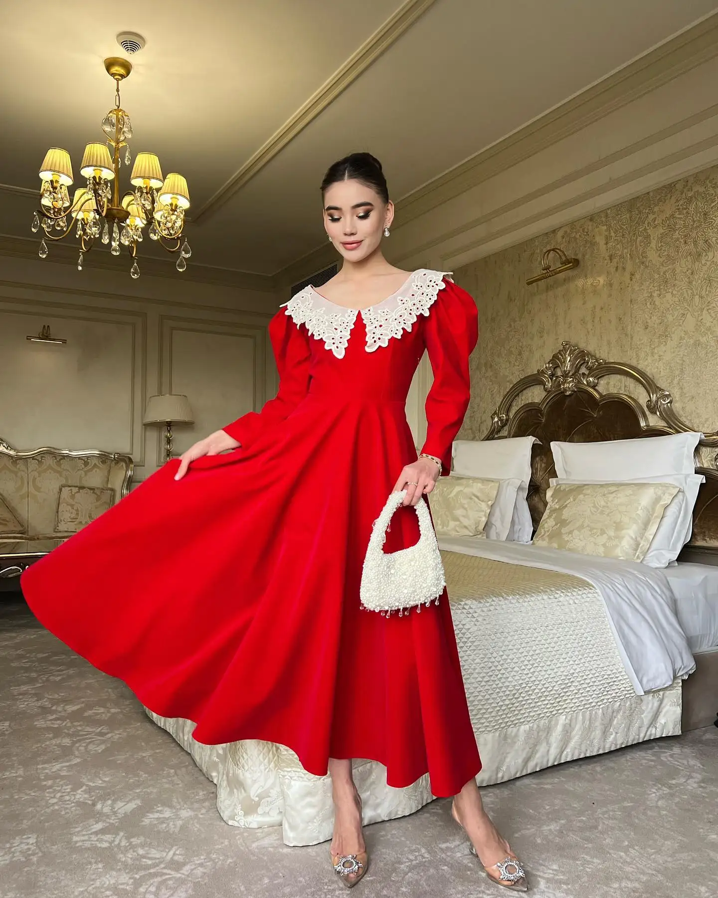 Customized Delicate Jersey Evening Dresses Temperament Long Sleeves Scoop Cocktail Dress Custom Size Bespoke Occasion