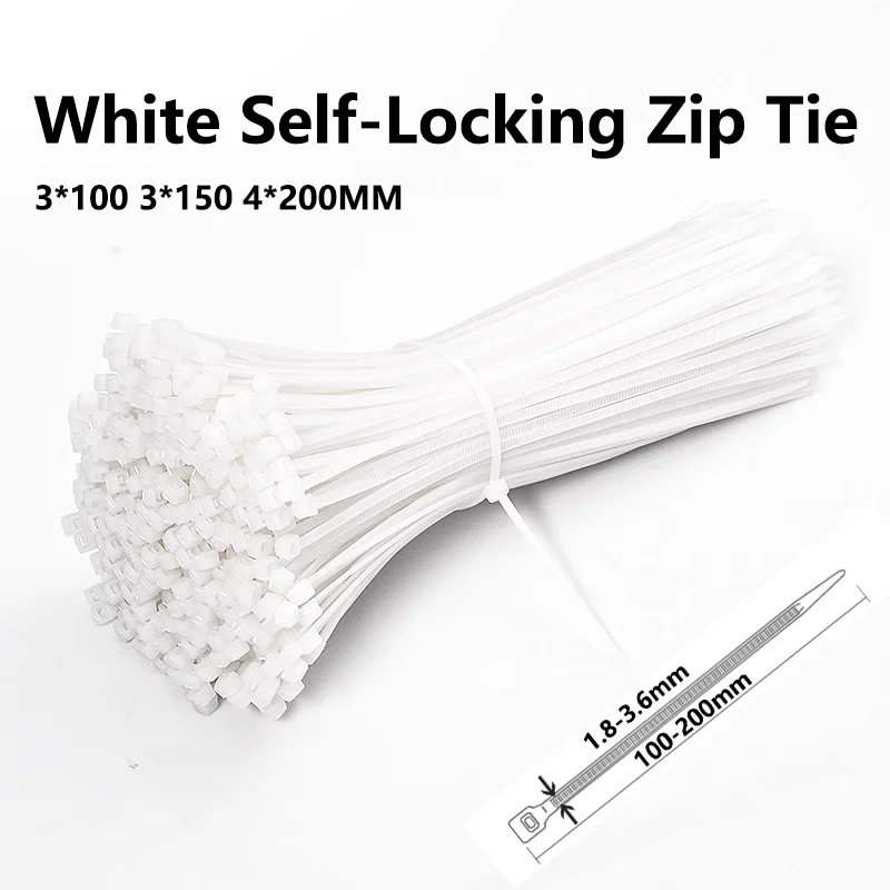 500/1000PCS 3*100 3*150 4*200 Plastic Nylon Tie Self-locking White Cable Tie Fastening Ring Zip Wraps Strap Nylon Cable Tie Set