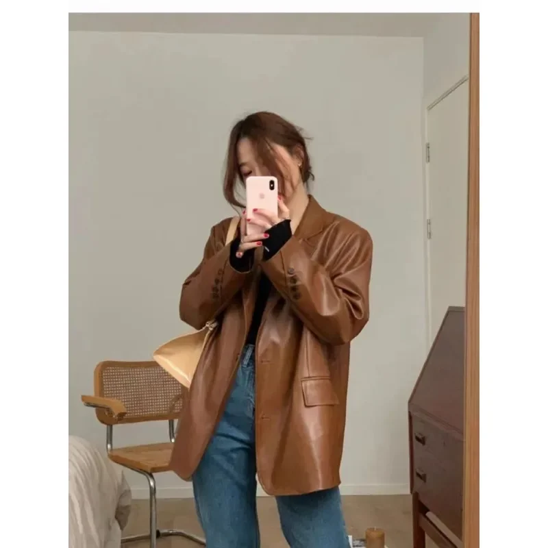 Insozkdg Women Autumn New American Leather Blazer Suit Jackets Retro Casual Solid Color Loose Leather Suit Jacket Women Clothing