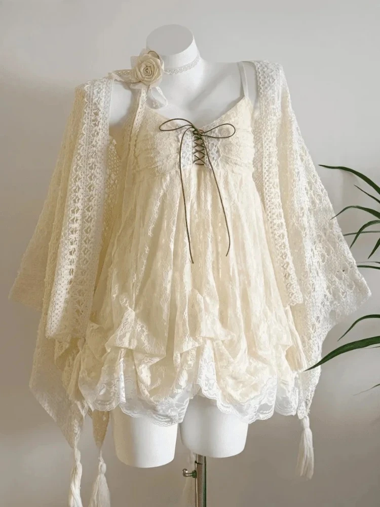 New Vintage Summer Women Sets Elegant Ruffle Lace Chiffon Design Mini Skirt Suit Fairy Female Sweet Korean Fashion Outfits 2025 - Image 6