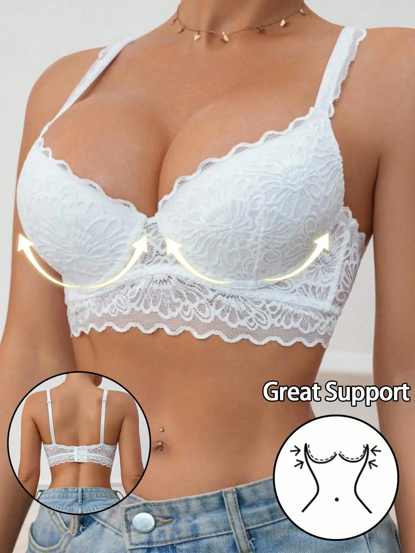 

Women's White Floral Lace Push-Up Bra with Scallop Trim and Underwire Support