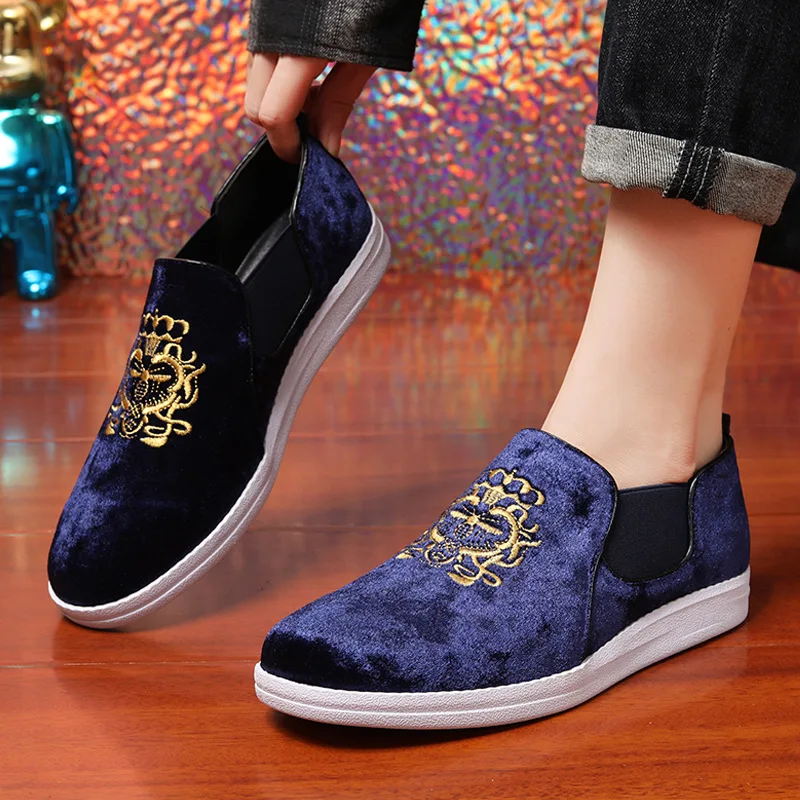 Men's Summer Suede Skate Shoes Embroidered Loafer-Style Casual Sneakers with Unique Artistic Design Breathable Comfort Footwear