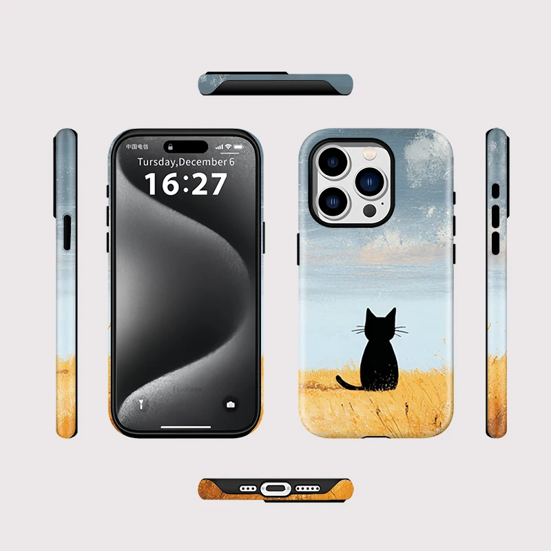 Fcicicase für Magsafe, magnetische Hülle für iPhone 14, 11, 12, 13, 15 Pro Max, 16 Plus, matt, stoßfest, niedliche schwarze Katzenmuster-Abdeckung