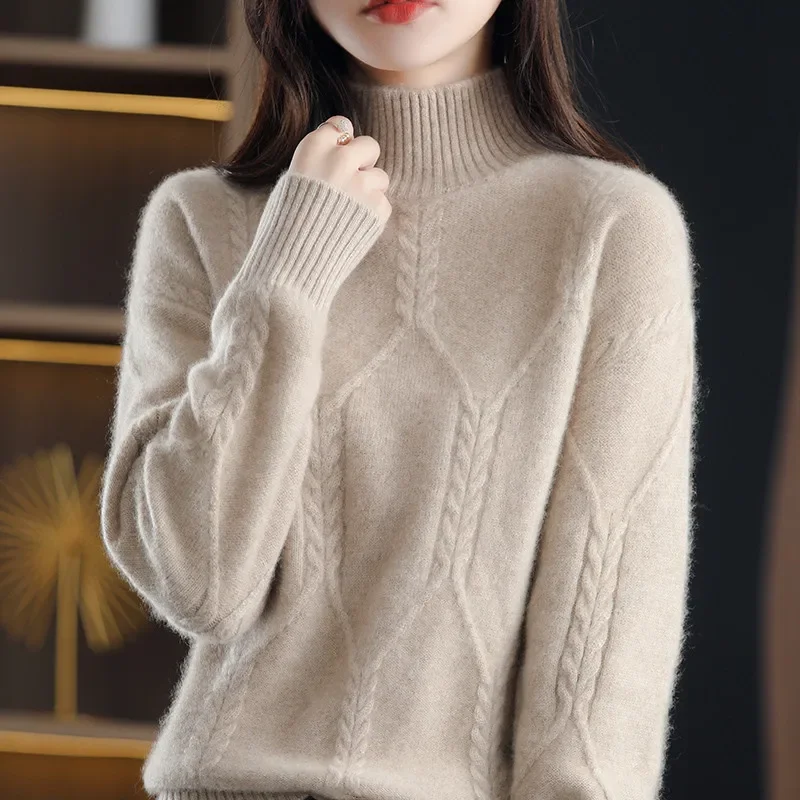 Wool Sweater Women's Half-Neck Pullover Loose Knit Bottoming Shirt Autumn Winter Long Sleeves Soft Cashmere  Tops N190