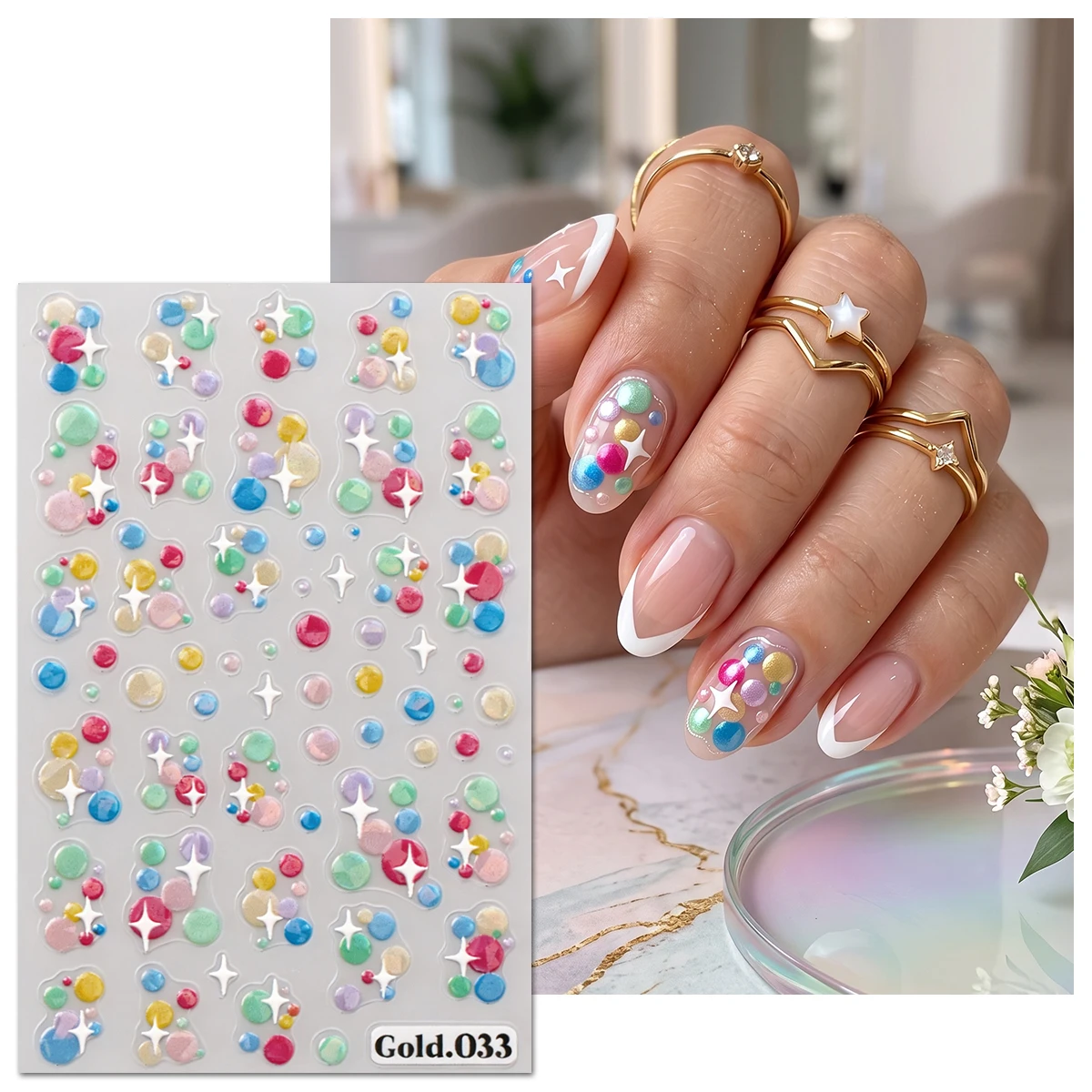 1/1/2PCS 5D embossed sweet macaron colorful polka dot four corner star nail stickers, music festival/wedding season/DIY nail art