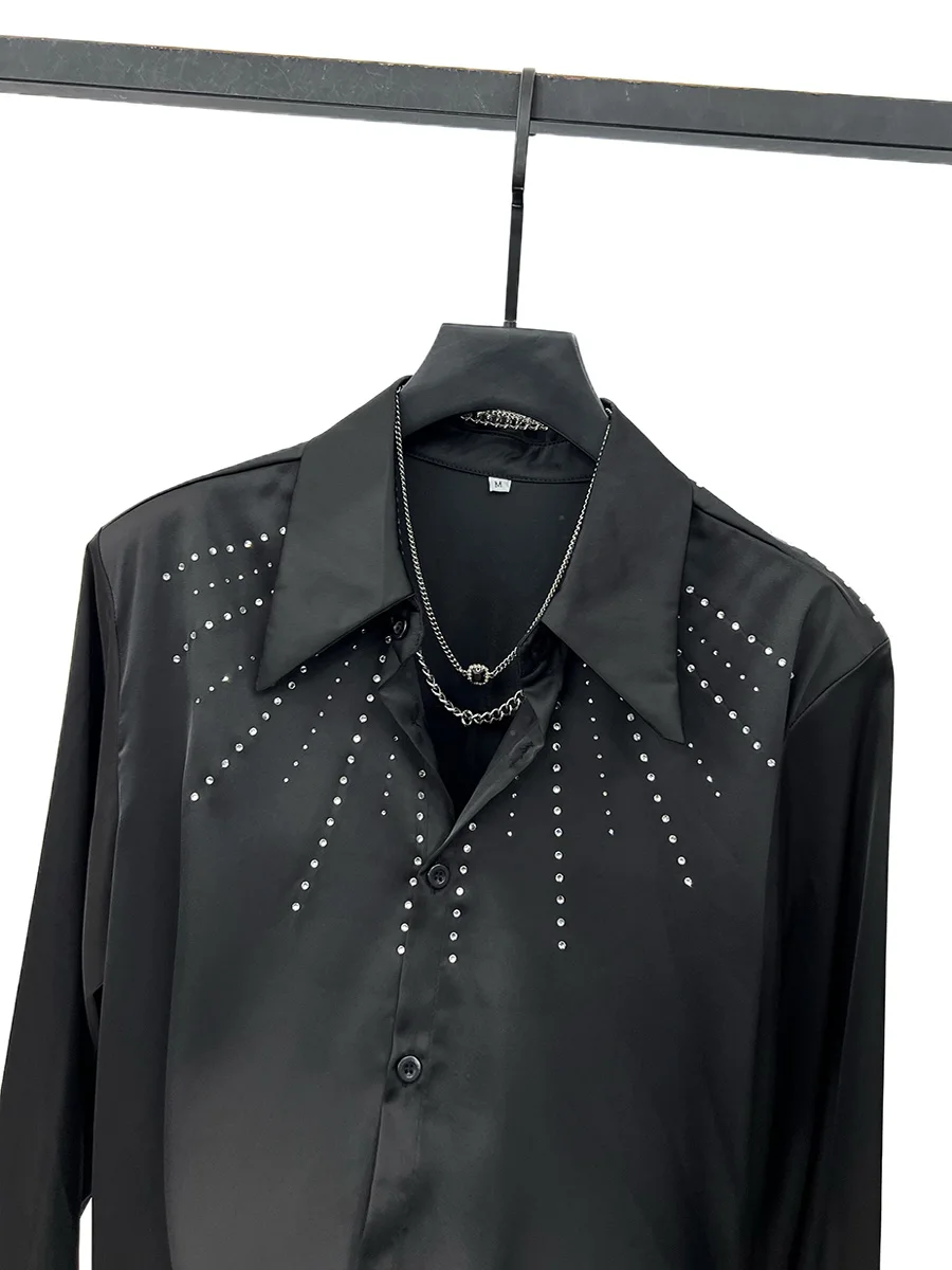 Fashion Trendy Loose Hot Diamond Shirts Men's 2025 Spring Summer New Thin Shoulder Padded Shirts Male Handsome Long Sleeve Tops