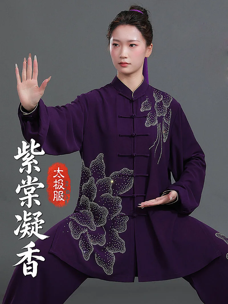 2026 New Women's Premium Tai Chi Outfit - Chiffon Summer Wushu Suit with Heat Transfer Rhinestones for Performance, Competition