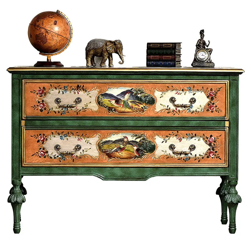 painted entrance cabinet, American rural solid wood dining side cabinet, hand-painted flower and bird old decorative locker