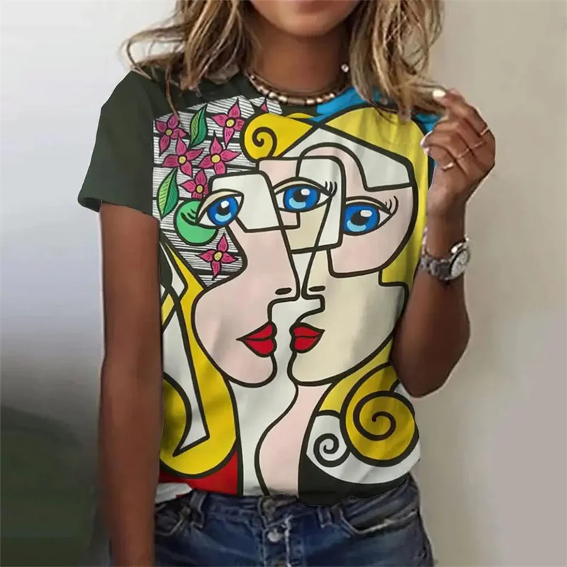 New Summer 3D Abstract Faces Painting Print T Shirt Women Fashion Streetwear Short Sleeves Girl Vintage Clothing Tee Shirts Tops