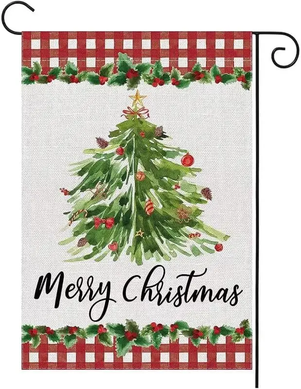 Merry Christmas Tree Black Red and White Checkered Border Garden Flag 12x18 inches, Home Outdoor Garden Christmas Garden Flag De