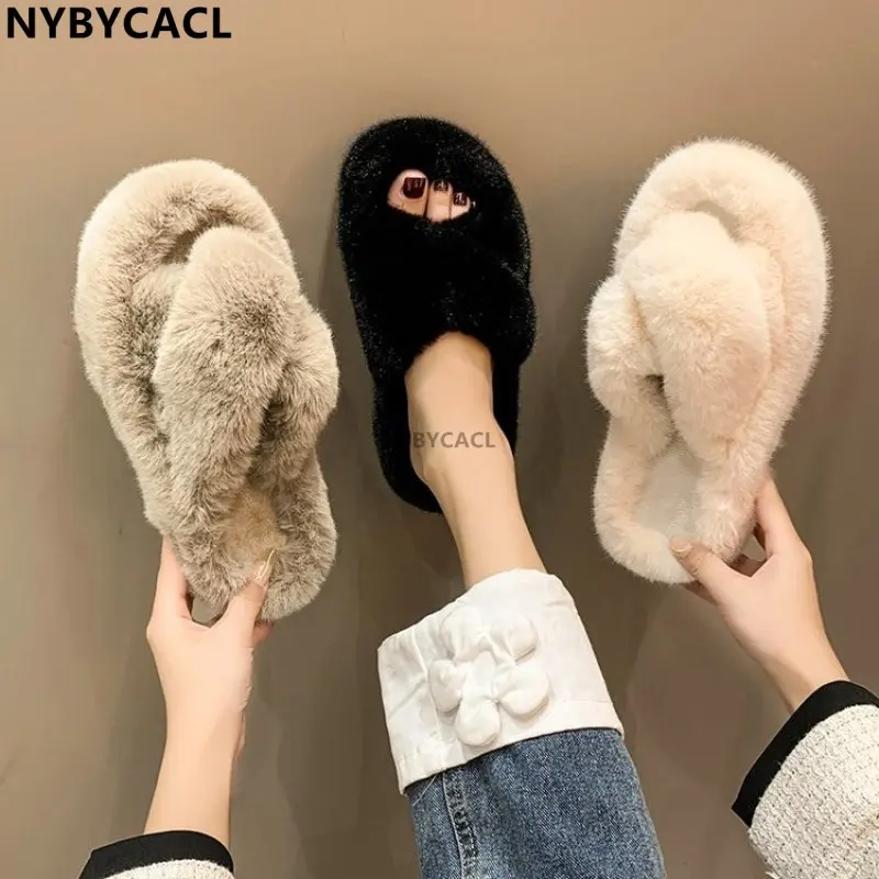 2023 Daughter Quality Luxury One Word Thick Sole Warm Plus Velvet Home Women Shoes Plush Open Toe Cotton Home Fluffy Fur Slipper