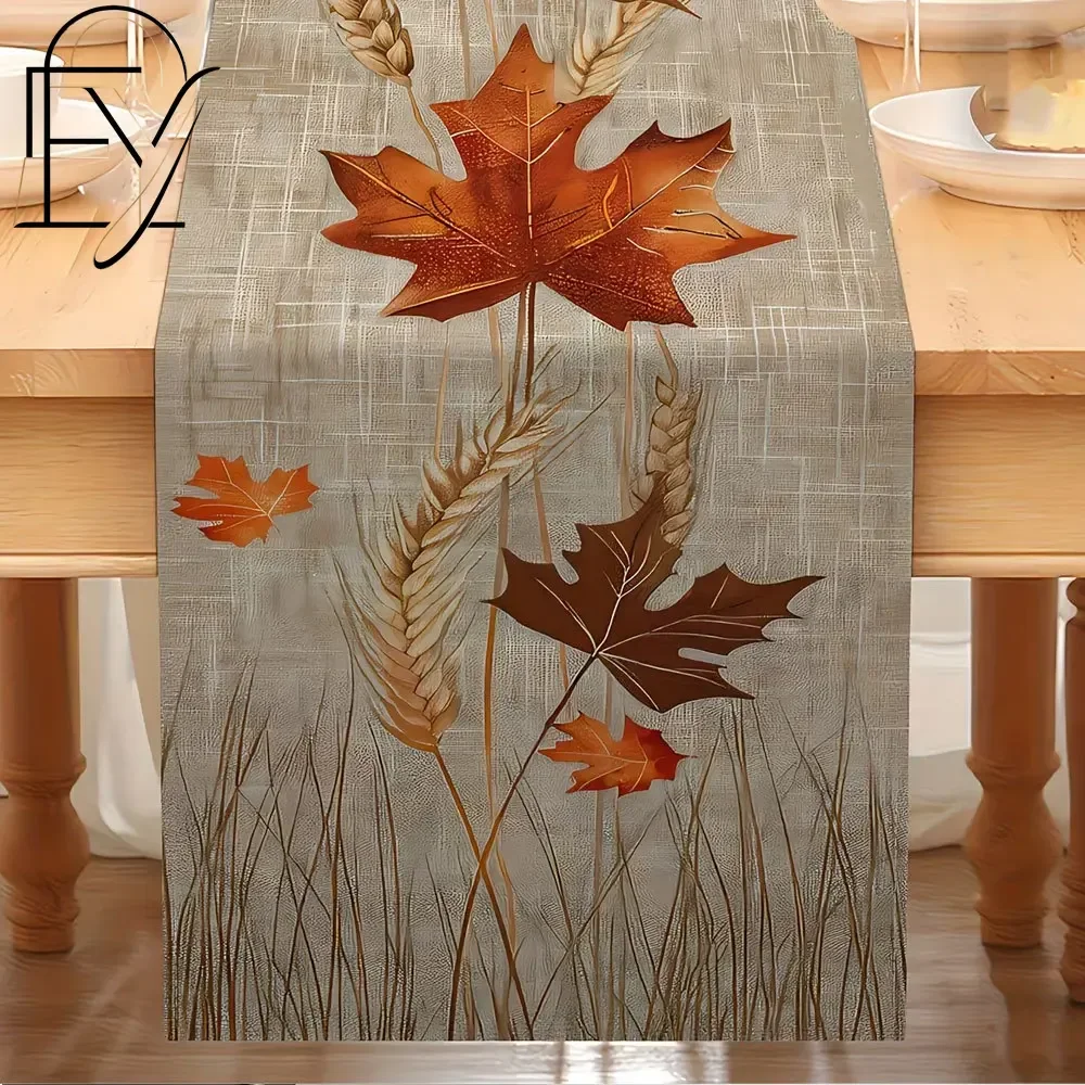 Linen Autumn Table Runner Maple Leaf Wheat Spike Fall Harvest Tablecloth Thanksgiving Country Farmhouse Table Decoration