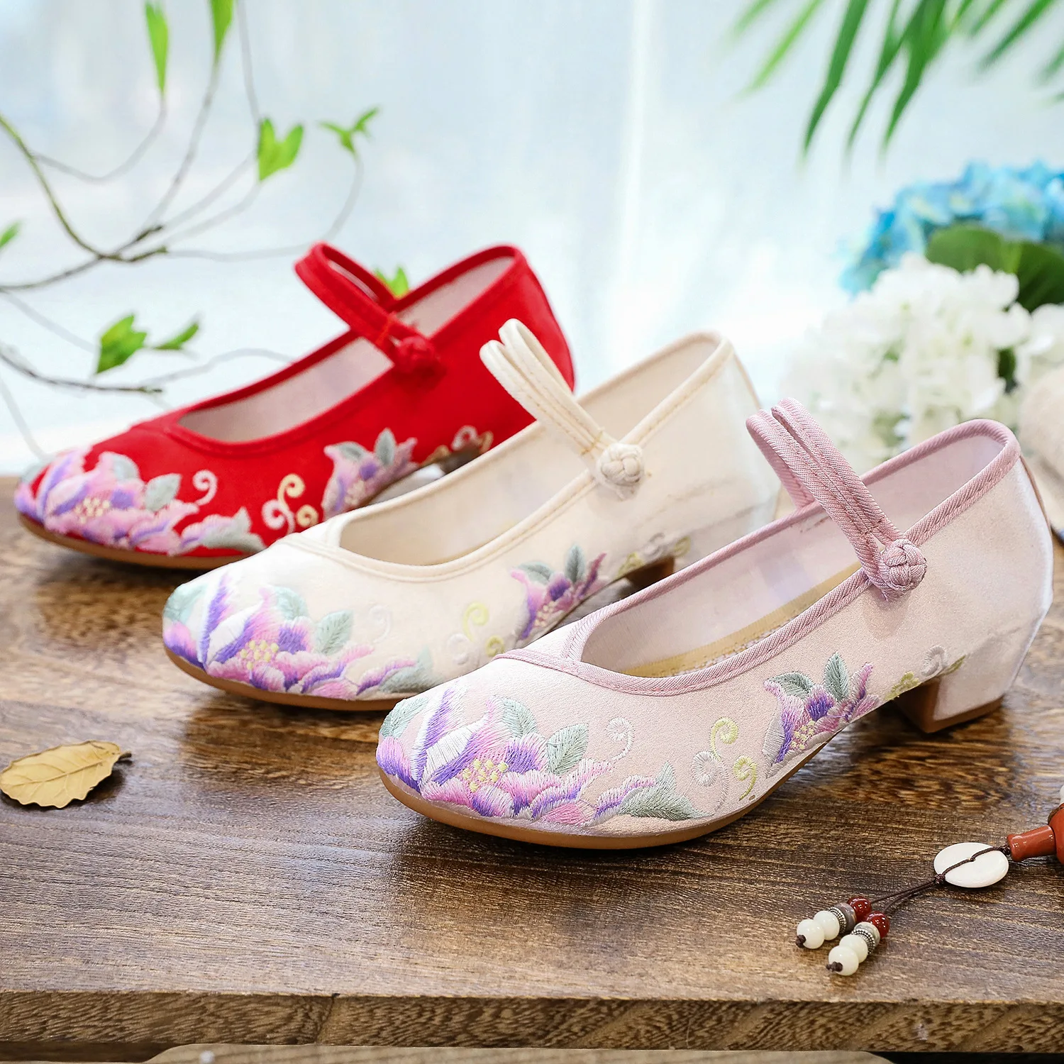 Size 34-40 Block Heel Canvas Pumps Ankle Strap Chinese Style Embroidered Ladies Comfortable Hanfu Shoes For Cheongsam