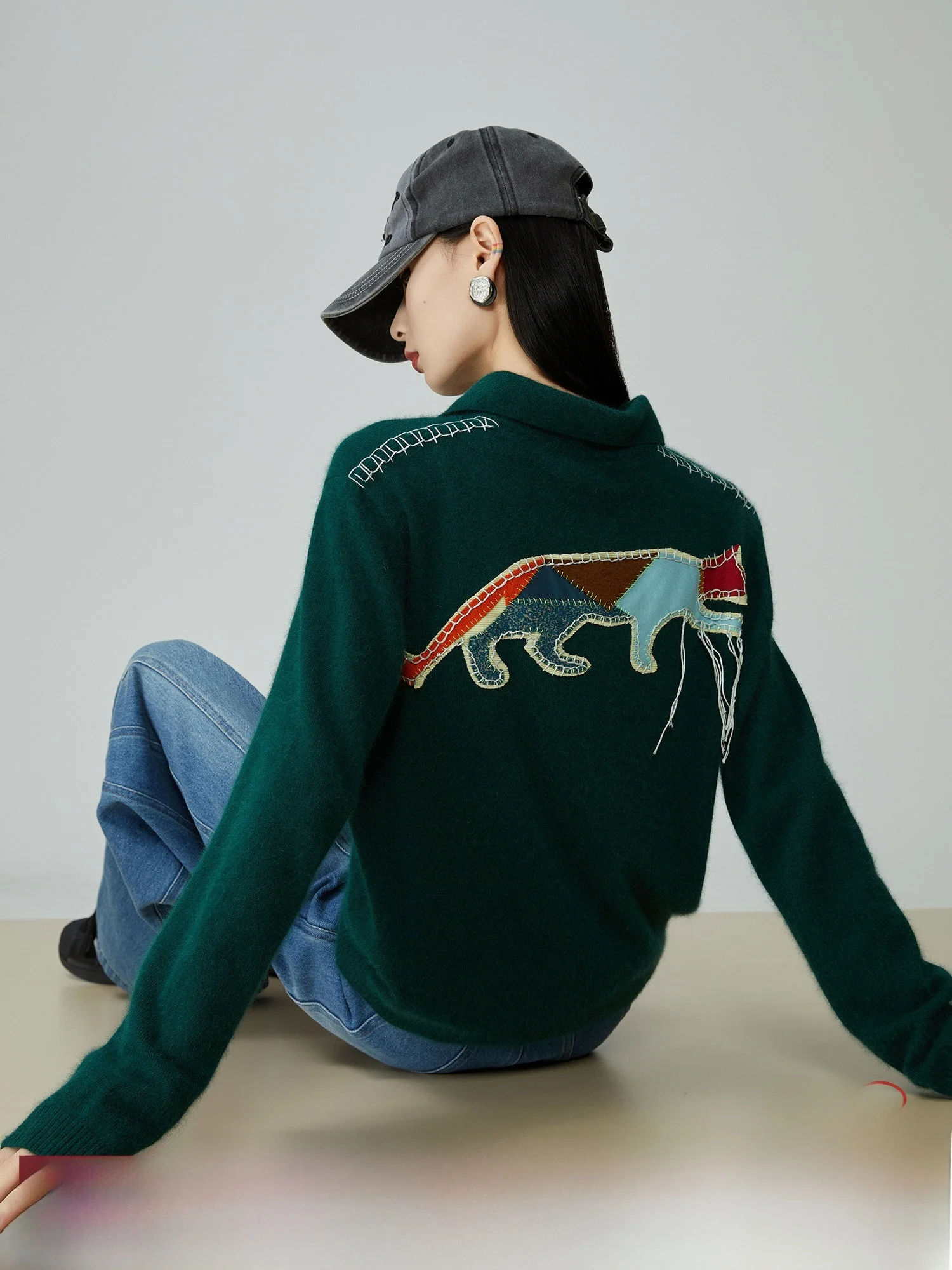 

een Color Blo Leopard Collar Knitted Sweater Women's Slimming Trendy Sweater Commute Sle Loose Fit