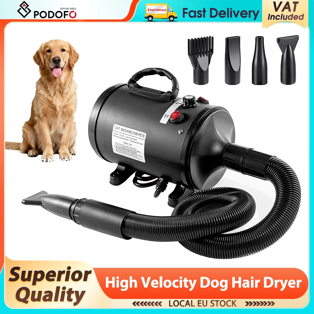 Secador de pelo Podofo 2200W, soplador de aire caliente, secador rápido y silencioso para mascotas, máquina de secado para perros, 4 boquillas, 1 peine para secar y desempolvar.