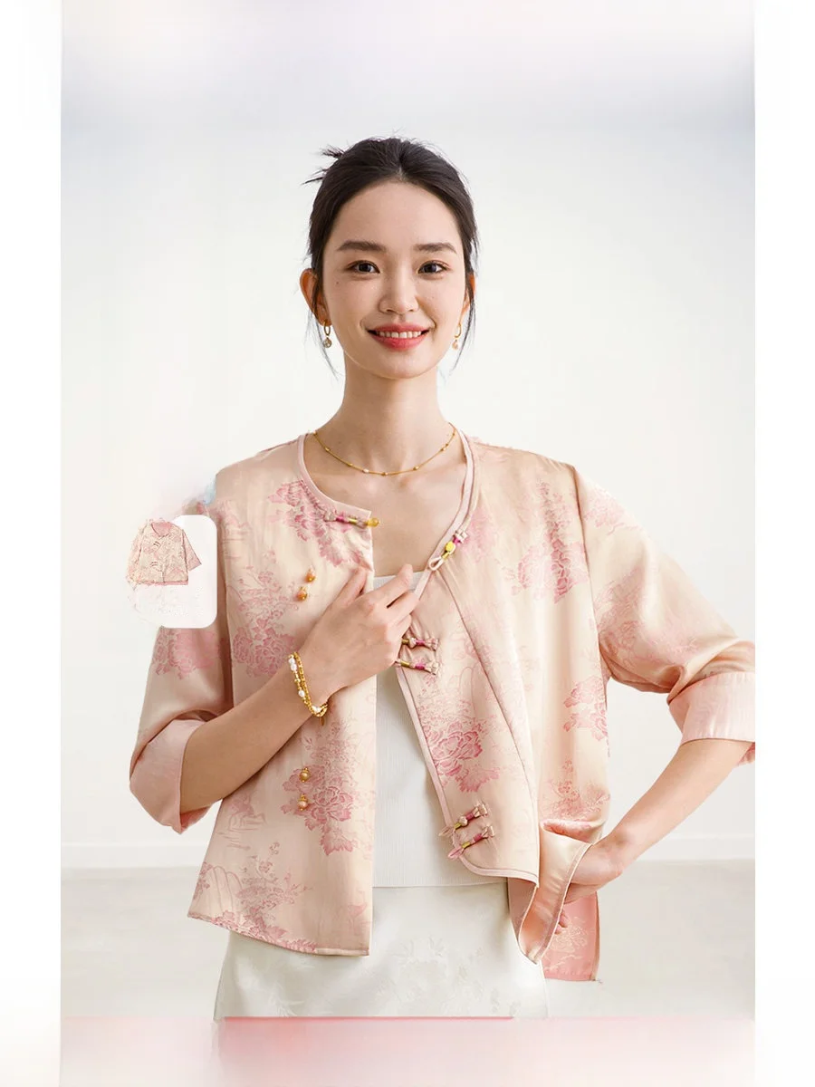 

ROCO новая китайская серия Sle, розовый джемпер с цветочной вышивкой на пуговицах, атласная женская верхняя одежда прямого кроя