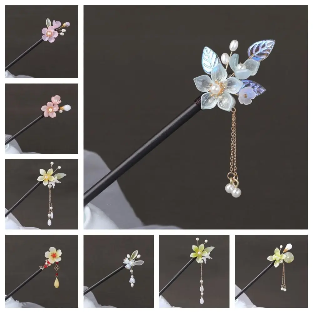 Vintage Kwastje Bloem Haar Stok Chinese Stijl Houten Parel Haar Stok Haaraccessoires Haarspeld Hanfu Haar Stok Dames