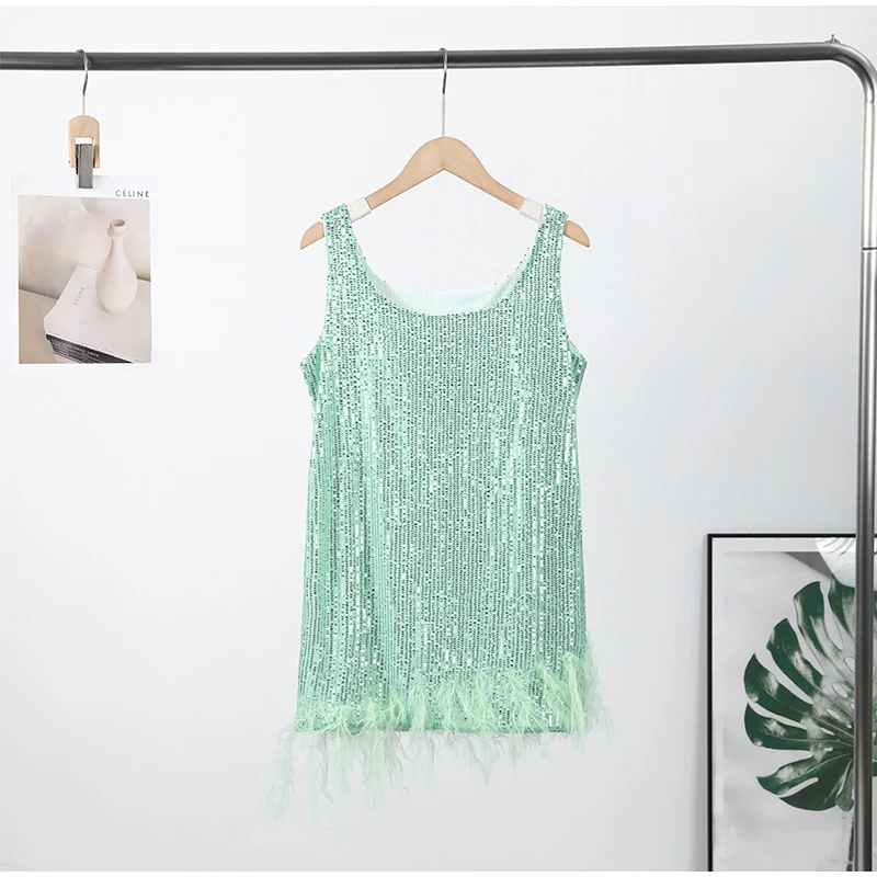 Feather Patchwork Sequin Evening Women Dress Loose Sleeveless A-line Loose Mini Vestidos 2026 Summer Party Street Lady Dresses