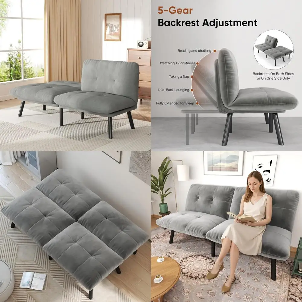 Adjustable Backrest Futon Sofa Sleeper Couch Bed with Thick Cushion Velvet Fabric for Department Living Room Lounge Loveseat