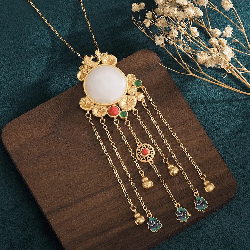 Creative National Tide Ancient Method Gold Plated Necklace Drop Glaze Inlaid Hetian Jade Long Tassel Antique Necklaces for Women