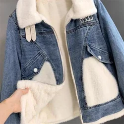 Autumn Winter New Female Thickening Imitation Mink Fur Coat 2024 Women Color Collision Cowboy Outwear Ladies Loose Denim  Jacket