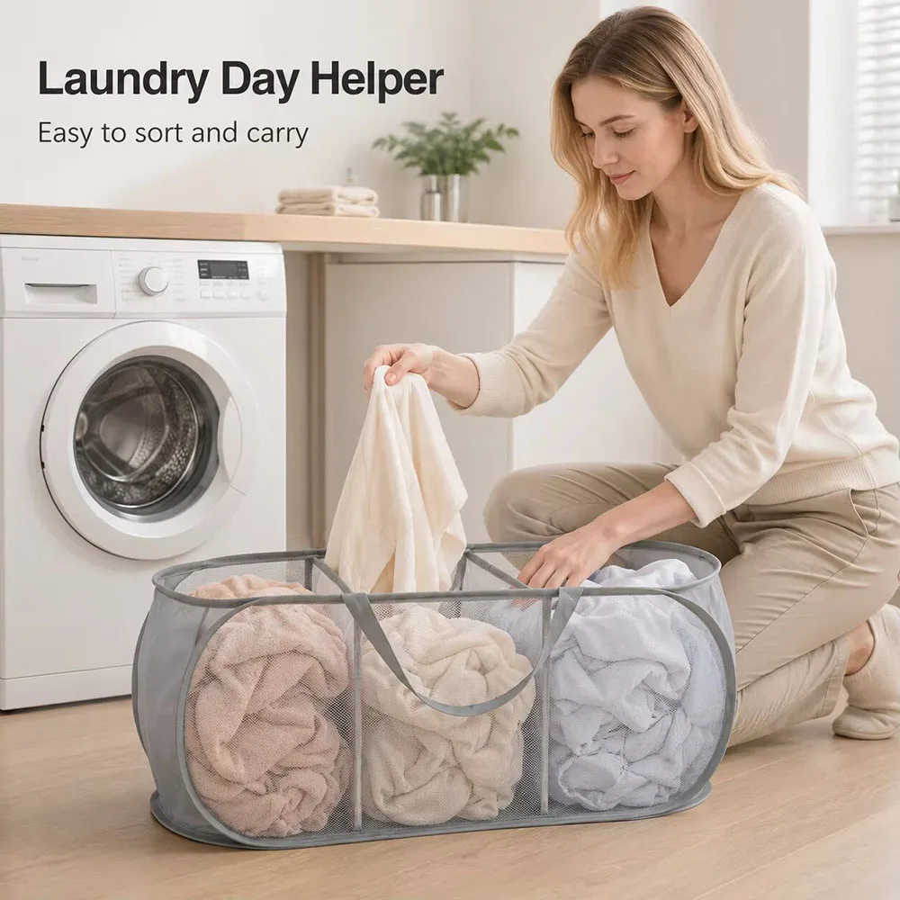 Toys Storage Basket Large Capacity 3 Grids Laundry Basket Multifunctional Dirty Clothes Breathable Storage Basket Mesh Bag
