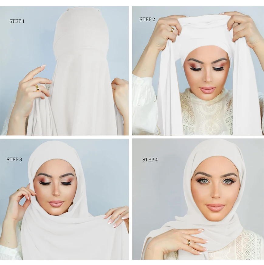 Instant Chiffon Hijab With Bonnet Elastic Rope Cap Bubble Heavy Solid Color Inner Scarf Headband Stretch Hijab Cover