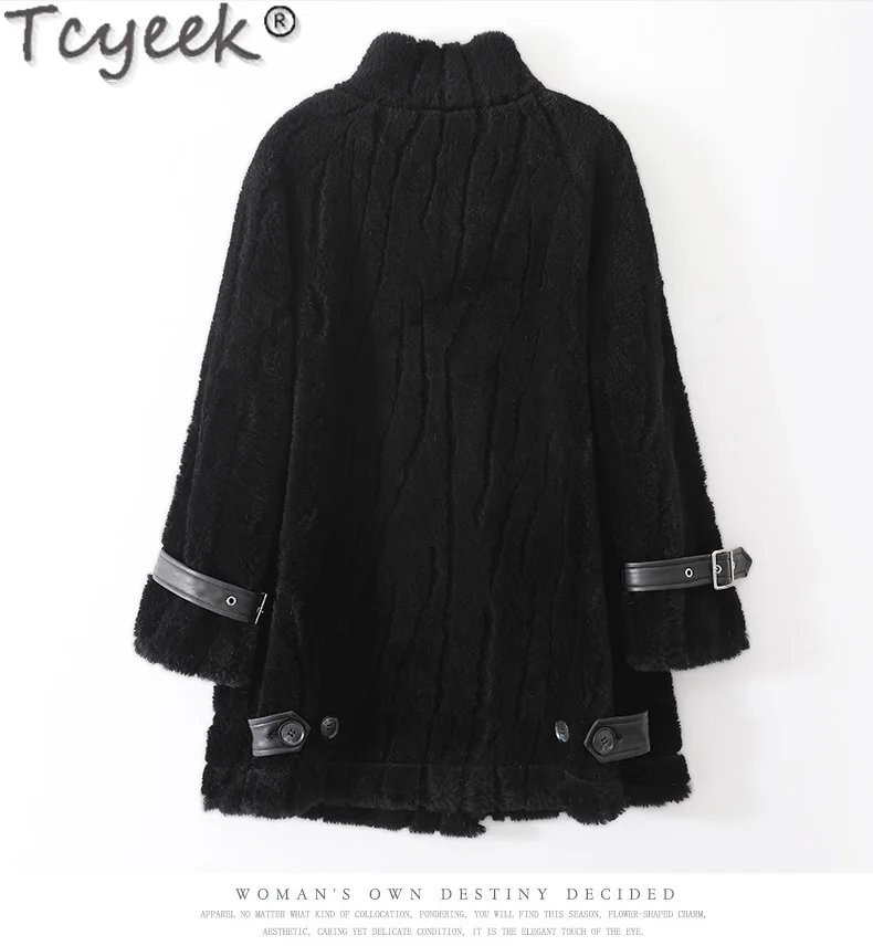 Tcyeek-casaco feminino de shearling de ovelha meio longo inverno, jaqueta 100% lã, jaquetas soltas coreanas, 2023