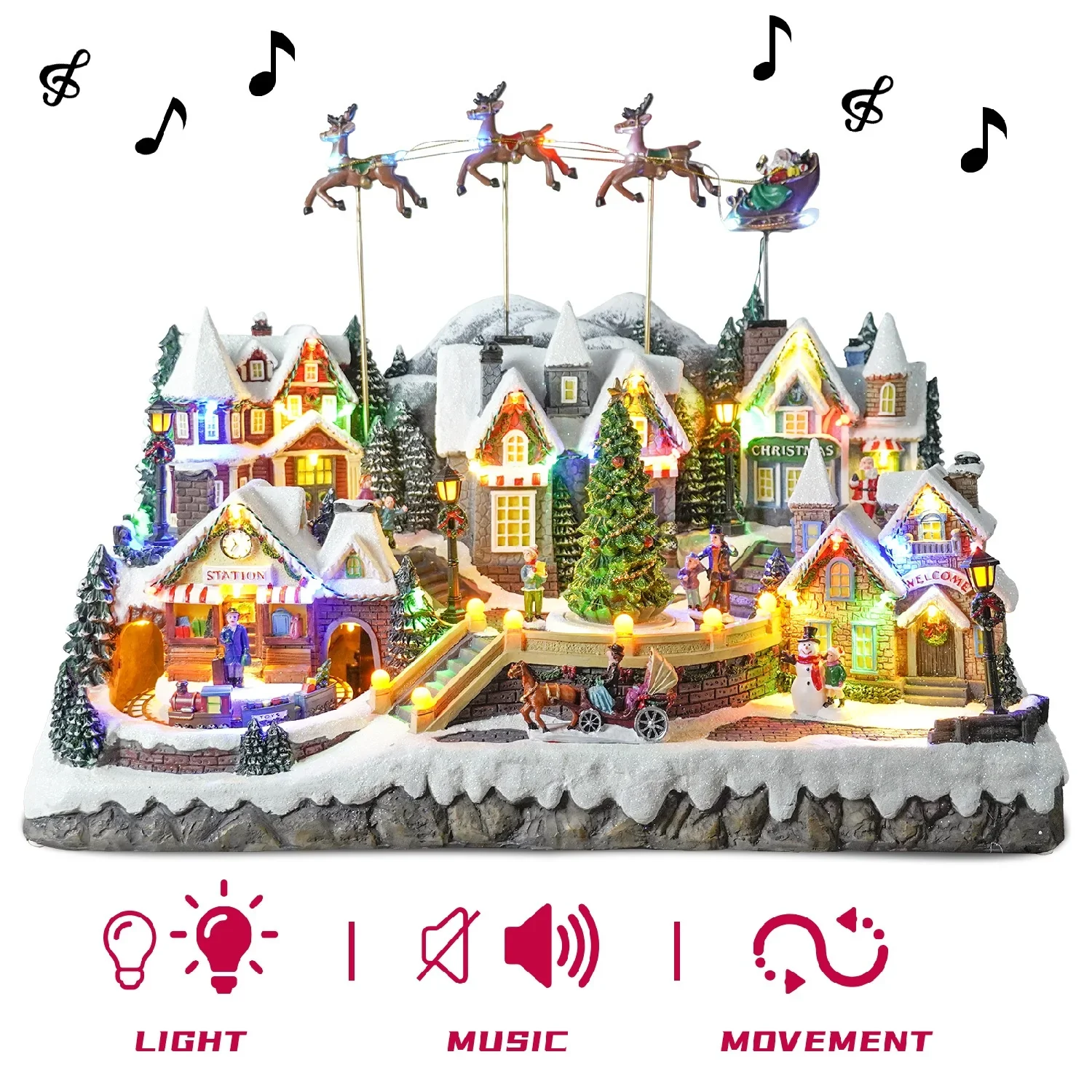 Duży rozmiar Musical Polyresin Christmas LED House latające sanie Świętego Mikołaja Scena Świąteczna wioska z obrotową choinką