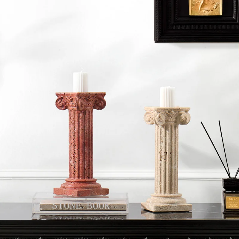 

Antique Roman Column Candle Holder Vintage Travertine Greek Style Pillar Candlestick Table Decoration