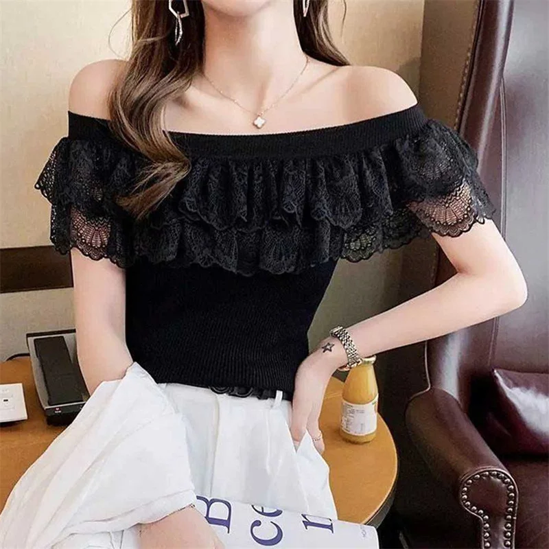 Gauze Patchwork Short Sleeve Slash Neck Off Shoulder Sexy Causal T-shirts Summer Slim