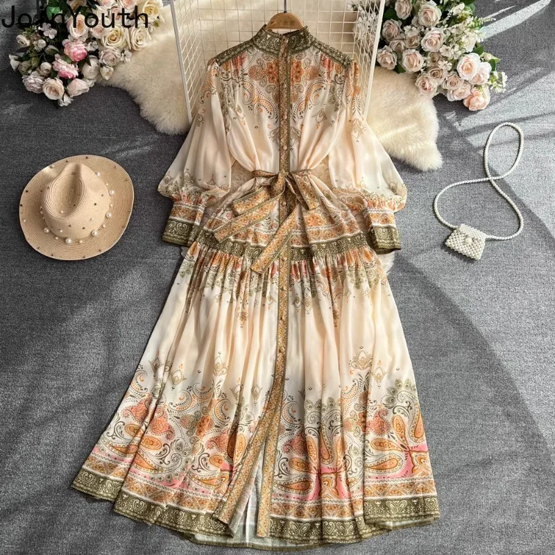 Floral Bandage Dress Women Lantern Sleeve Bandage Long Robe Femme 2024 Vestidos De Mujer Fashion Vintage Summer Maxi Dresses