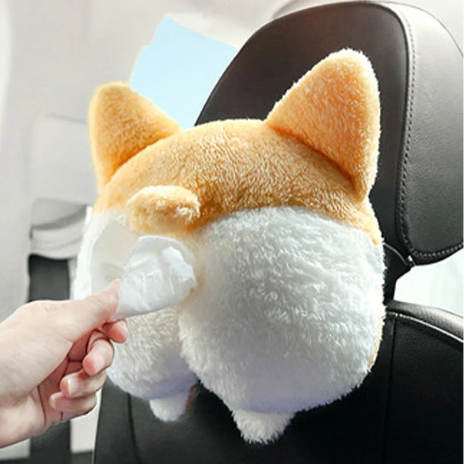 Car Cute Soft Plush Tissue Box Animals Funny Cartoon Corgi Cat Butt Seat Back Headrest Armrest Paper Storage Holder Accessories