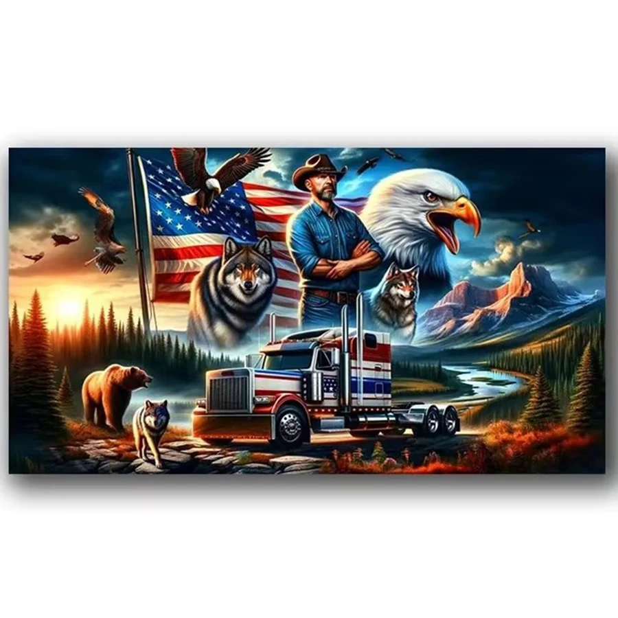 Amazing Art Large Diy Diamond Painting Black White American Eagle Flag Truck Wolf Cross Stitch Kits Full Drill Mosaic Embroidery