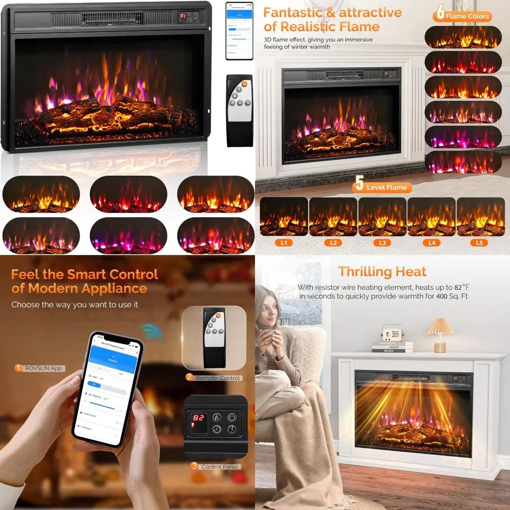 

Smart 1500W Electric Fireplace Insert, Remote & App Control, 8H Timer, 3 Flame Colors, 5 Brightness Levels