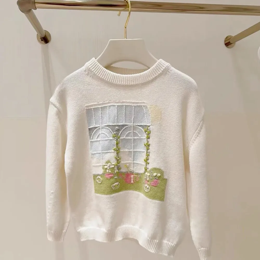 Autumn kids sweater baby clothes Rural style embroidered high-quality sweater French cherry knitted pullover tops