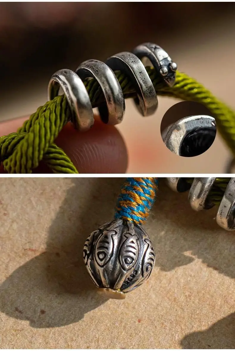 Hand-woven Hand Rope Six-character Mandarin Silver Wen Play Bracelet Men\'s and Women\'s Retro Ethnic Style Jewelry Gift High-end