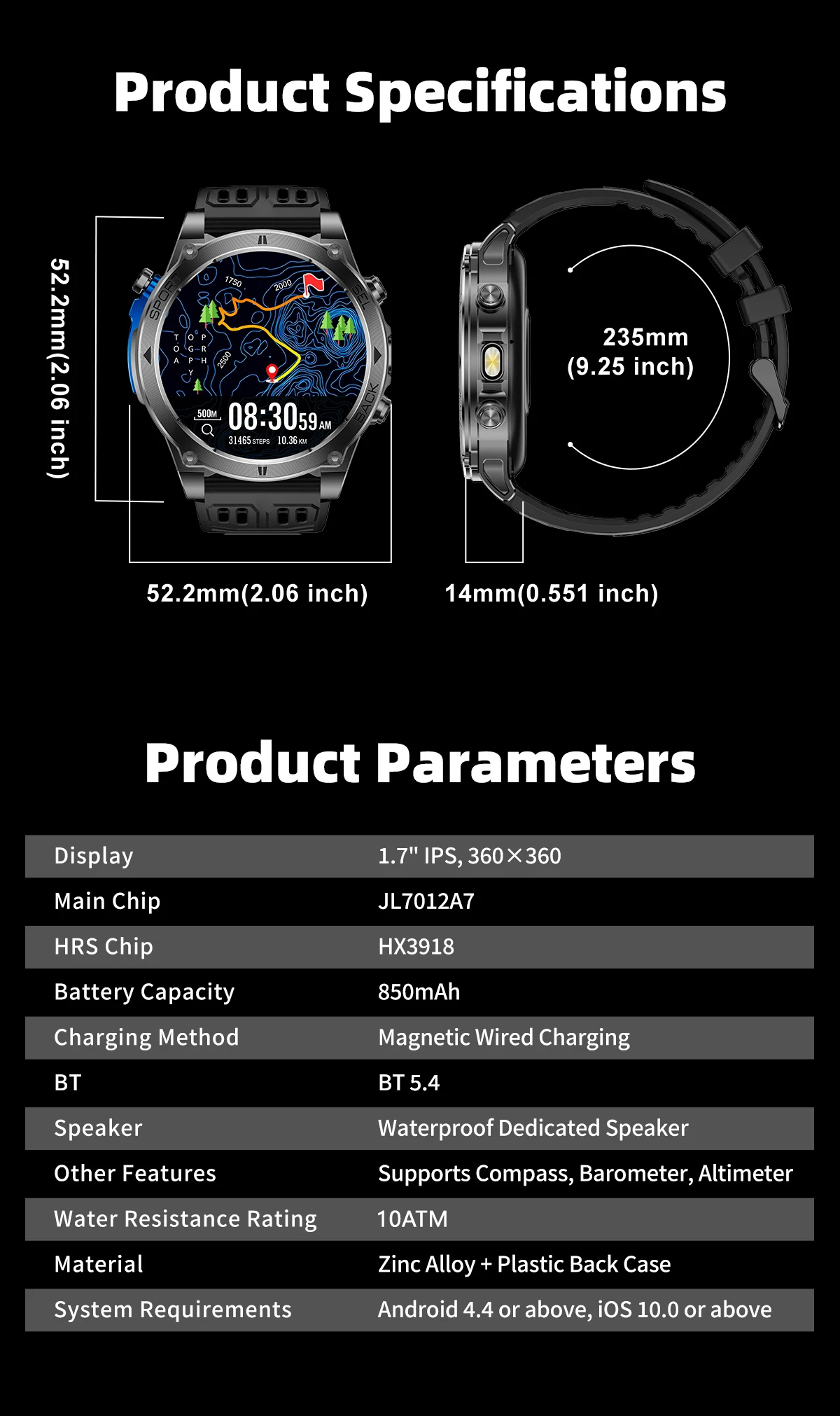 Neue T-RX 4 Militär-GPS-Smartwatch für Herren, 6 Satelliten, präzise Positionierung, 10 ATM wasserdicht, HD-Anruf, 170+ Sportmodi, LED-Taschenlampe – Detail 18