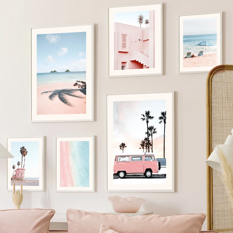 Surfing Board Girl Pink Sea Coast Vintage Van Minimalist Aesthetics Print Canvas Painting for Living Room Modern Home Decor