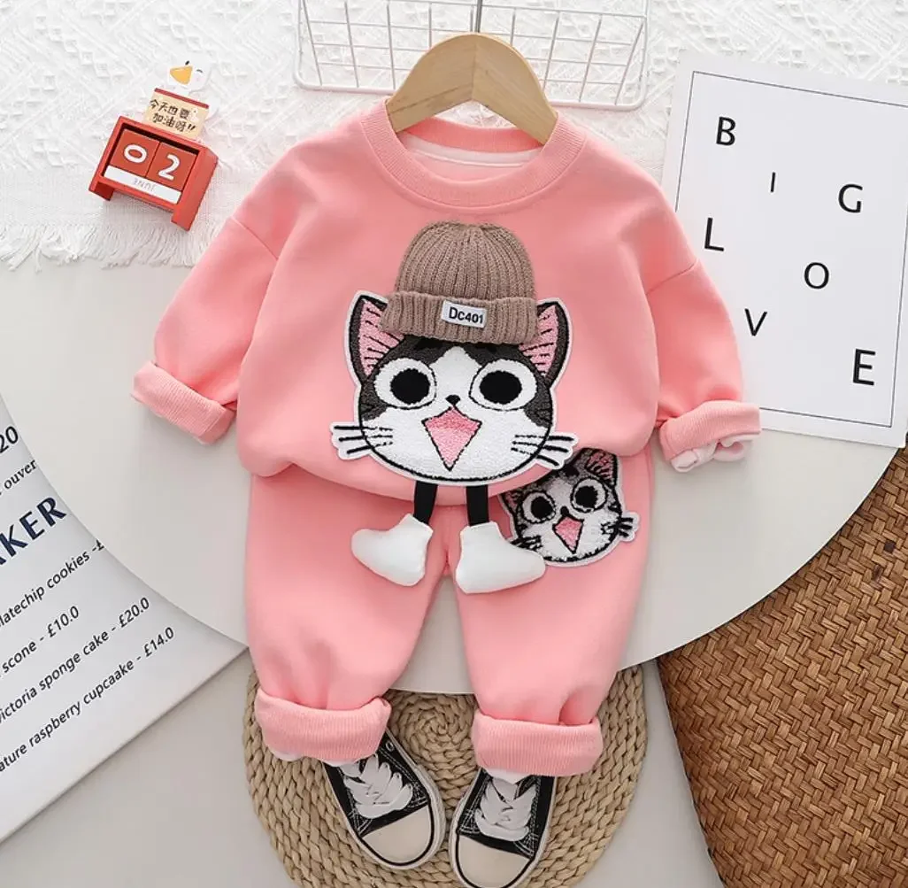 Children Girls Autumn Clothing Suits 1 To 5 Years Cartoon Sports Floret Cat Long Sleeve T-shirts and Pants Kids Jogging Suits