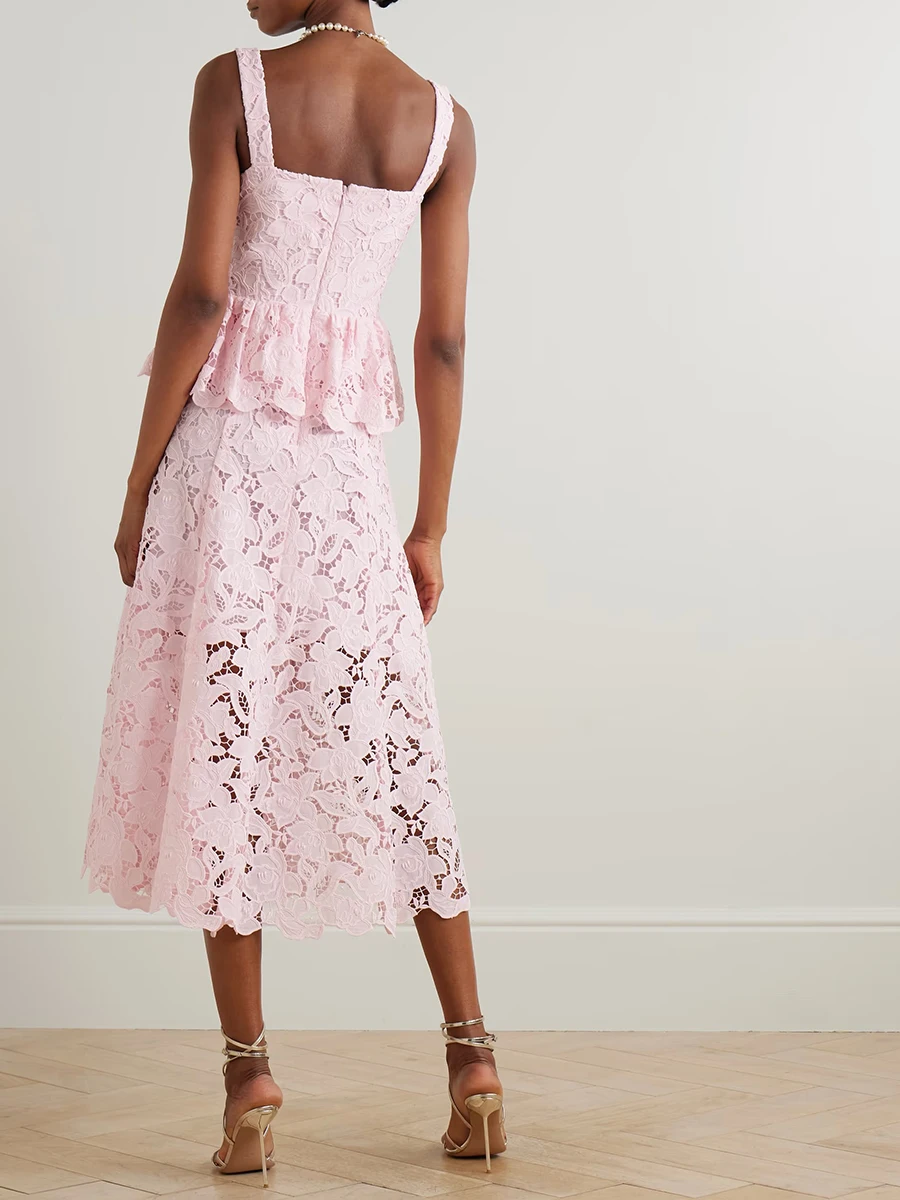 VGH เย็บปักถักร้อย Office Lady Midi ชุดเดรสผู้หญิงสแควร์คอแขนกุดเอวสูง Spliced Ruffles ชุดสายหญิง